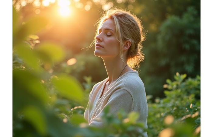 Žena mirnog izraza lica radi meditaciju, okružena zelenilom, simbolizujući mentalno zdravlje.