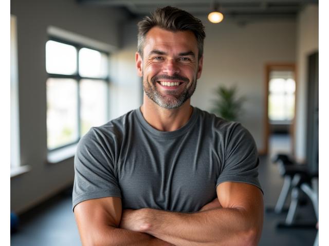 Portret Marka Jovanovića, fitness trenera, u dinamičnom okruženju teretane.