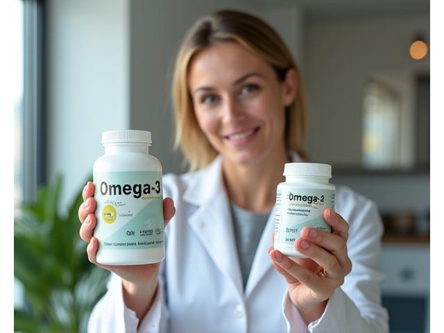 Dr, Milica, nasmejana žena u belom mantilu, drži bočicu Omega-3 suplemenata s domaćim logom.