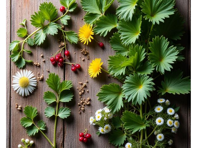 Various Serbian medicinal herbs – dandelion, nettle, chamomile – neatly arranged on a rustic wooden table, with a blurred natural background.