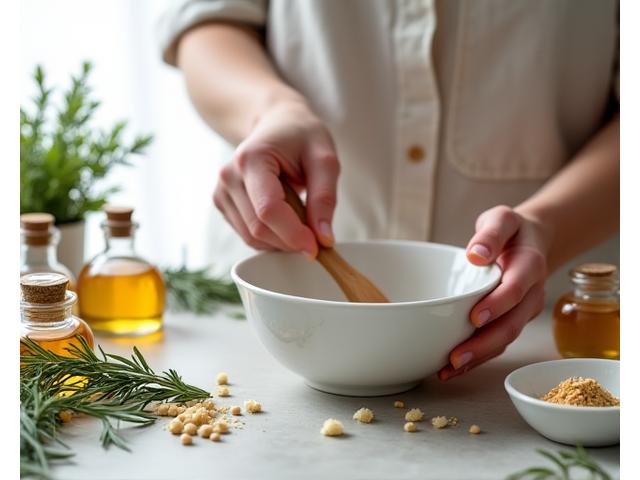 Hands mixing natural ingredients in a bowl on a kitchen counter, with various herbs and essential oil bottles around, suggesting homemade remedies.