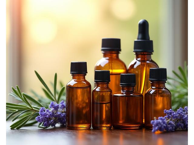 Assortment of amber glass essential oil bottles with fresh lavender and rosemary sprigs, illuminated by soft natural light.