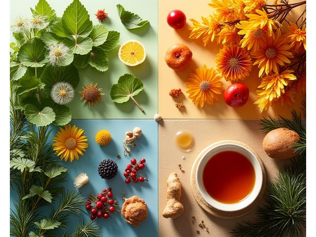 Four distinct quadrants showing seasonal natural wellness elements: spring (dandelion), summer (sunscreen plants), autumn (elderberry), winter (mug of herbal tea), arranged harmoniously.