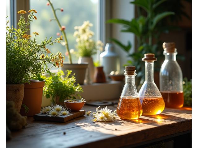 Tableau of traditional Serbian medicinal plants and modern laboratory equipment, symbolizing the blend of tradition and science in wellness.