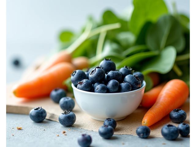 Raznovrsno Low FODMAP povrće i voće poput borovnica, šargarepe i spanaća, na čistoj kuhinjskoj površini
