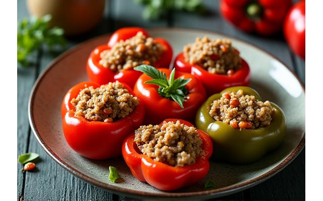 Porcija punjenih paprika sa pirinčem i mesom, pripremljena po Low FODMAP receptu, spremna za jelo
