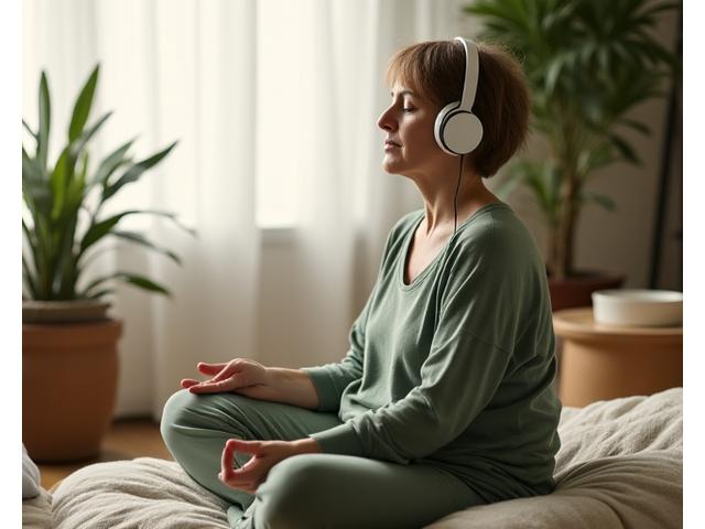 Mirna žena sedi u lotus položaju, slušajući meditaciju preko slušalica.