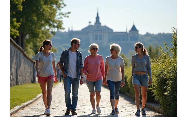 Grupa ljudi šeta Kalemegdanom, simbolizujući outdoor wellness aktivnost.