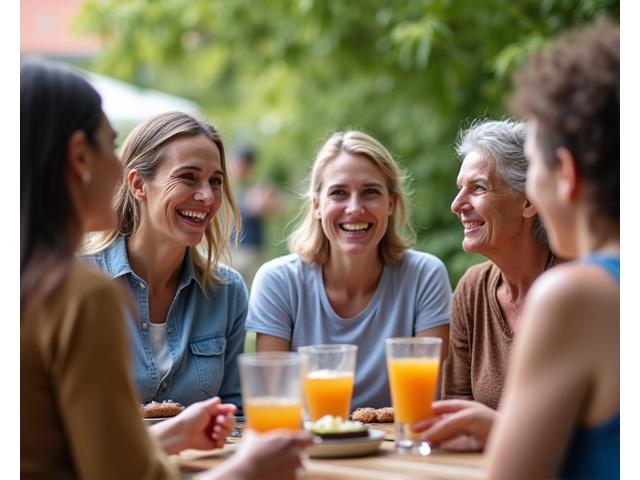 Srećna grupa ljudi različitih generacija okupljenih u opuštenoj wellness atmosferi, simbolizujući zajedništvo i podršku.